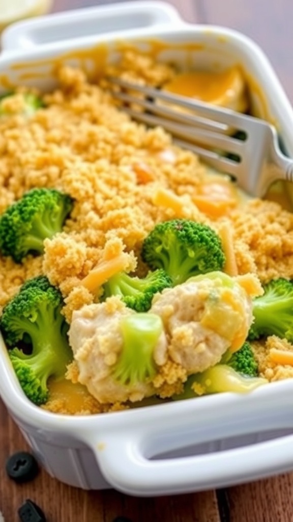 Cheesy broccoli chicken casserole with breadcrumb topping in a small baking dish on a wooden table.